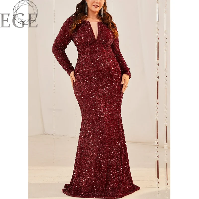 Plus Size Sequins V Neck Long Sleeves Luxury 4XL 5XL Maxi Dress Wedding Banquet Party Mermaid Ladies Plus Size Dresses 2024