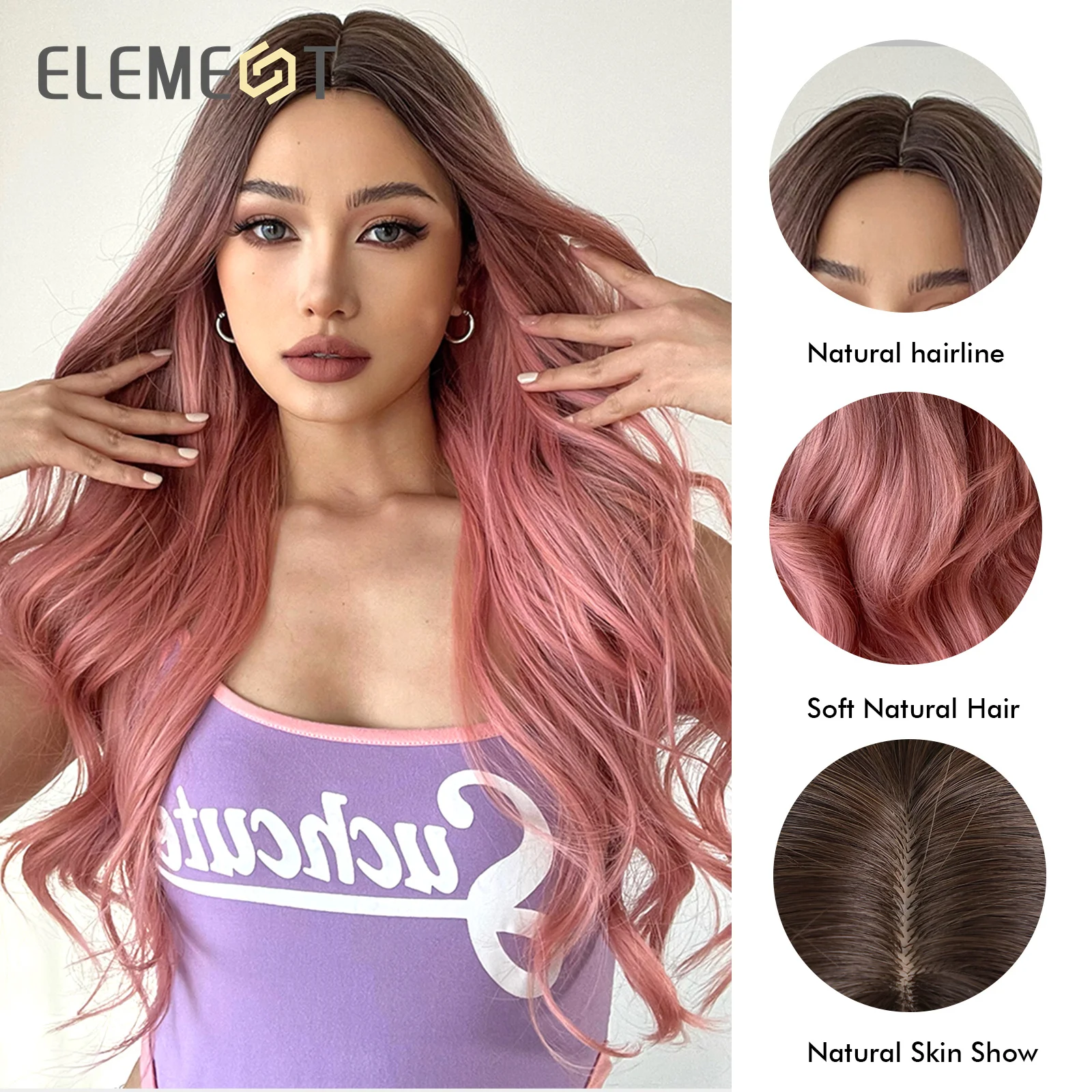 ELEMENT Peruki syntetyczne dla kobiet Ombre Black to Pink Dark Roots Długie faliste Impreza Codzienne użytkowanie Włókno termoodporne Moda Naturalny