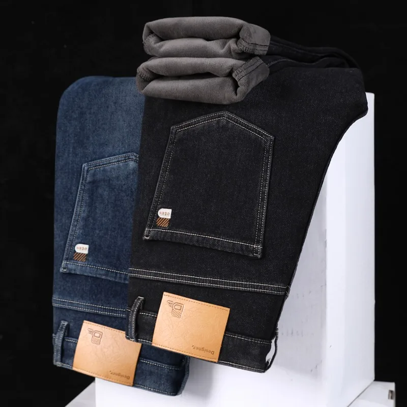 Winter New Slim Jeans Men's Fleece Casual Warm Denim Trousers Fashion Straight Classic Korean Male Brand Plush Pants