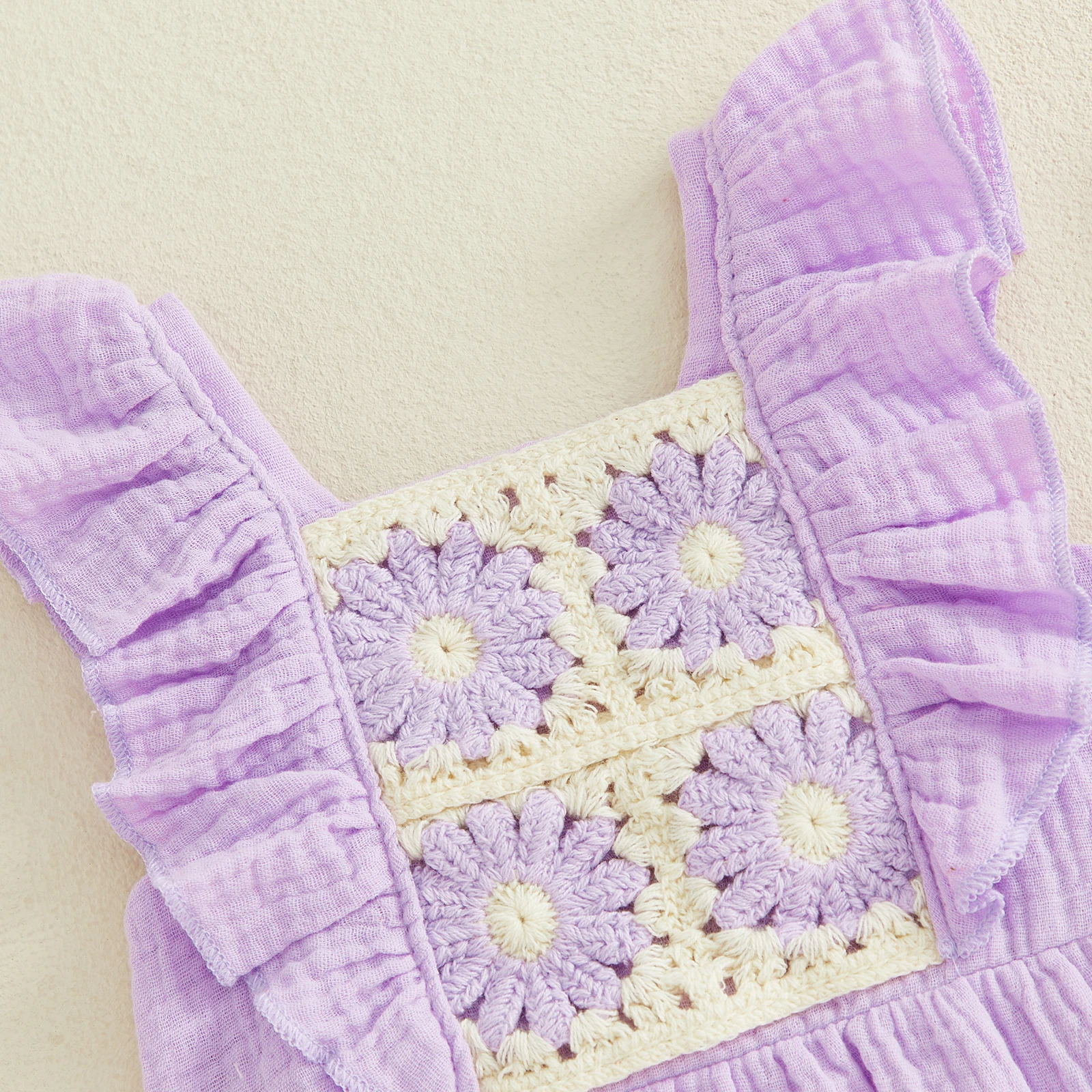 

2026 New Baby Girls Summer Sweet Romper Flying Sleeve Crochet Floral Bodysuit with Bow Headband