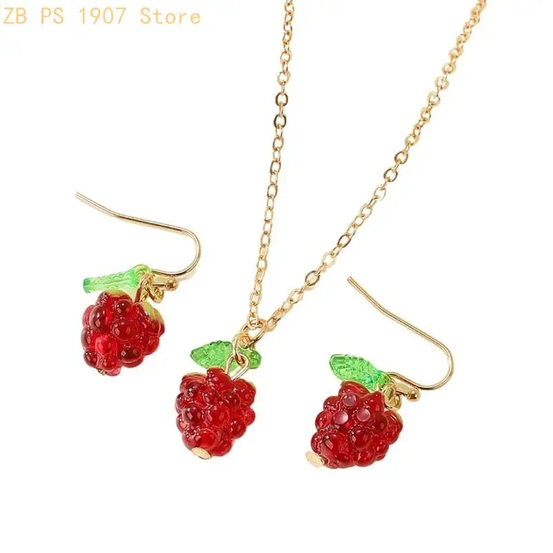 Elegant Raspberry Pendant Earrings and Necklace Fruit Charm Accessory for Ladies 55KA