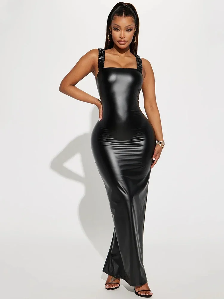 Women Faux Leather Maxi Dress Stretch Bodycon Square Neck PU Tank Dress Hem Split Shoulder Belt Pleated Party Clubwear Custom