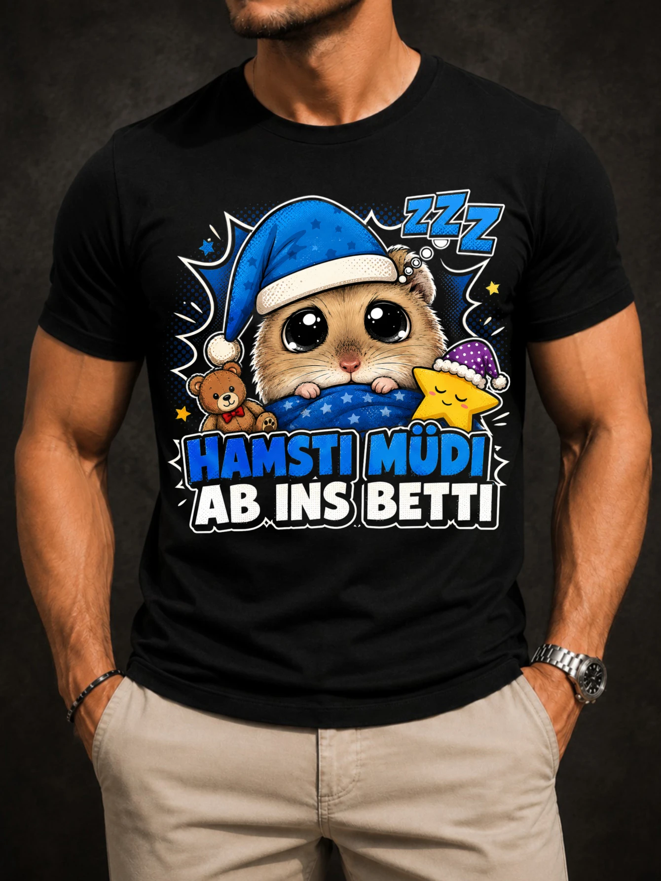 T-shirt unisexe Hamsti Mudi Ab Ins Betti, style bande dessinée, hamster espion avec ours bleu et étoile, dessin animé pop audacieux