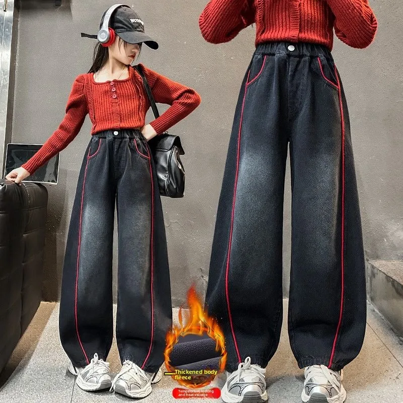 

Girls' Velvet Jeans Autumn and Winter 2025 New Children's Thickened Loose Pants Children's Clothing 5-13 Years Old