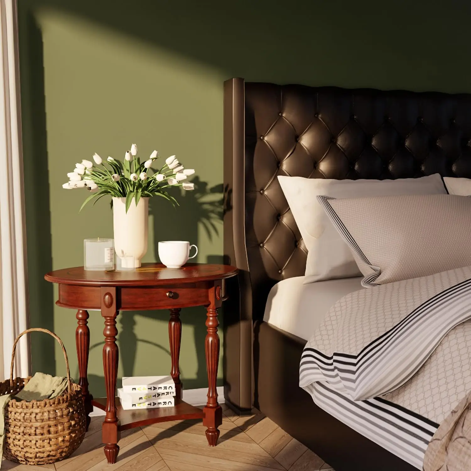 طاولة جانبية بيضاوية مستديرة، طاولة جانبية من خشب الكرز مع درج، منضدة فيكتورية، 28 بوصة عرض × 22 بوصة ارتفاعًا × 24.2 بوصة ارتفاعًا