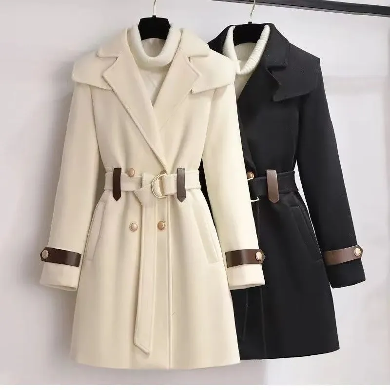 

Temperament Woolen Coats Spring Autumn Jackets Slim Belt Button Navy Collar Mid Length Winter Thick Fashion Coat Female JJ380