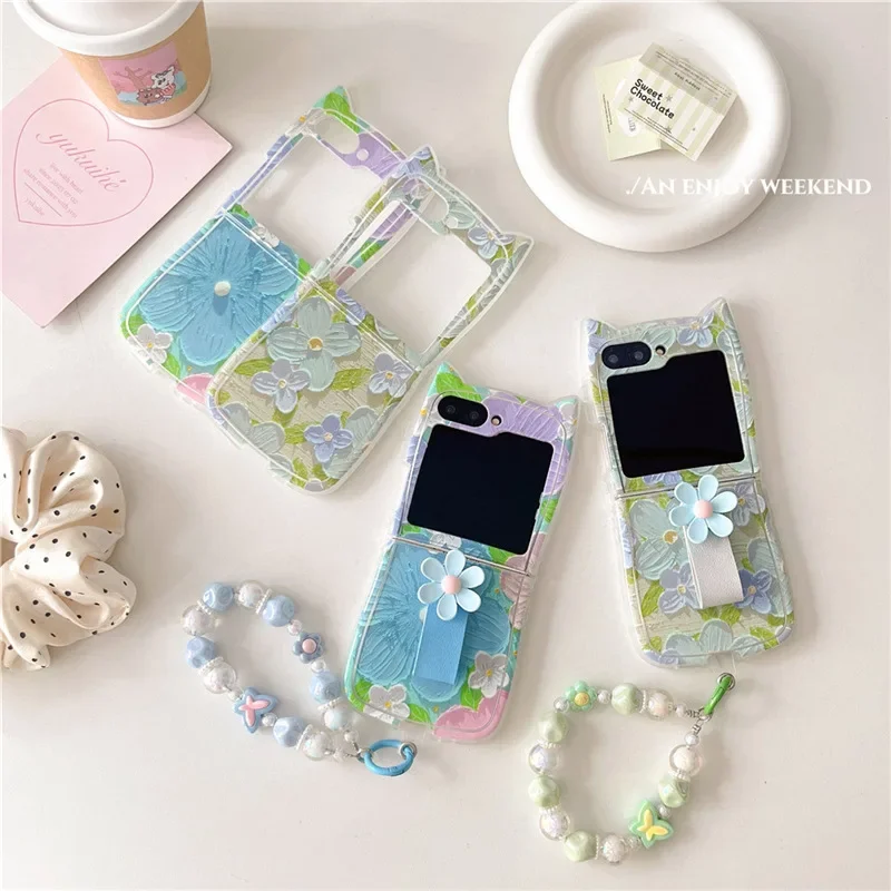 

Cat Ear Flower Phone Case for Samsung Galaxy Z Flip 6 5 4 3 Protective Back Cover for ZFlip4 ZFlip5 ZFlip6 Case Shell