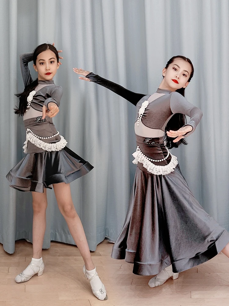 Girls Grey Ballroom Dance Performance Costume Bodysuit Skirt Latin Dancing Clothes Tango Standard Dance Stage Outfit VDB7764