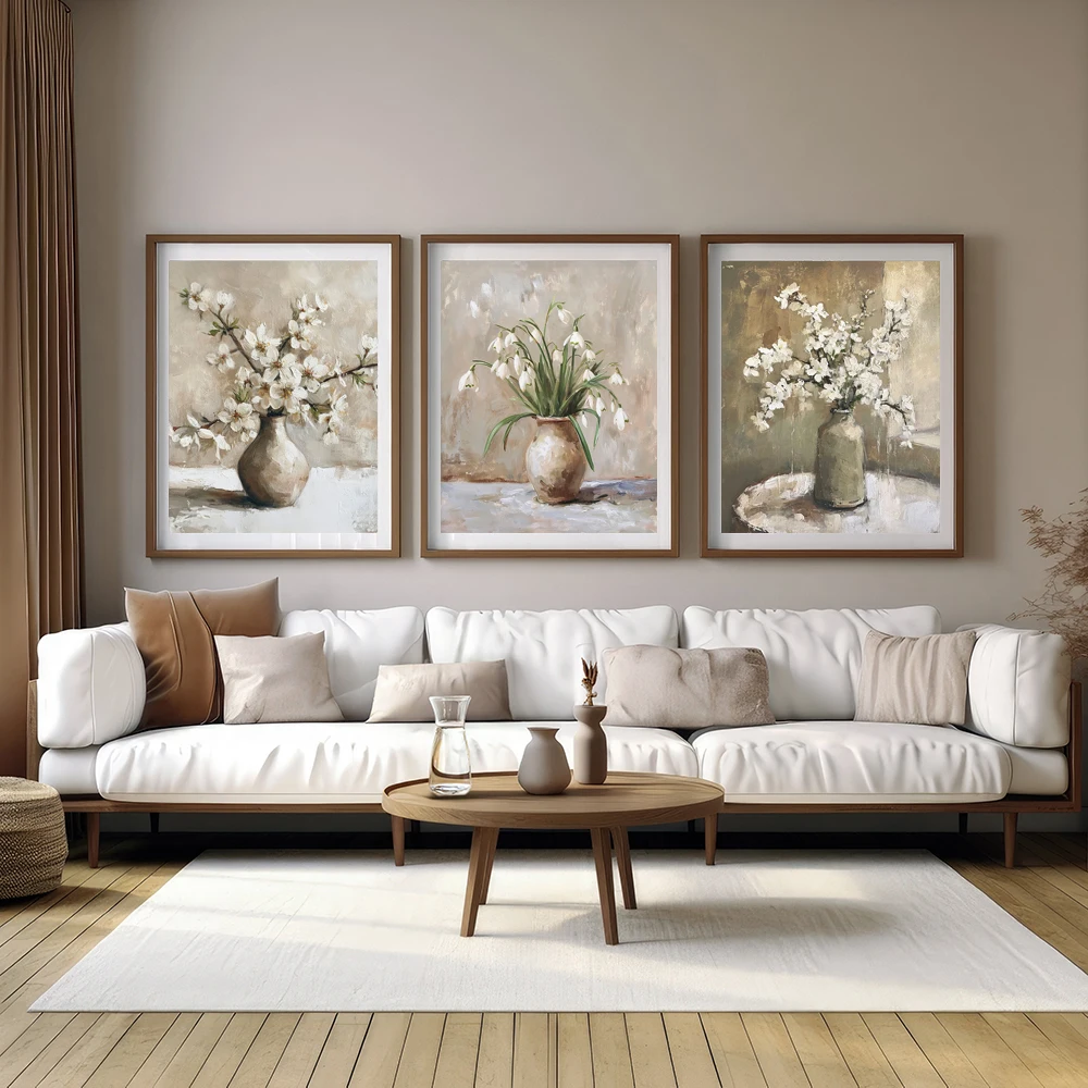 Vintage Flowers Set of 3 Neutral Beige Rustic Botanical Wall Art Still Life Farmhouse Painting Style, Home Living Room Decor, No