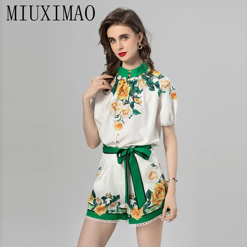 MIUXIMAO 2024 High Quality Spring&Summer Elegant Set Half SleeveFlower Print Shirt+Short Fashion Two-piece Set Women Vestides