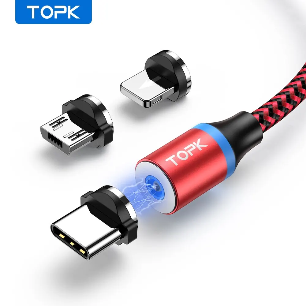 Magnet ladekabel 3 in 1 topk 360 rotation magnet telefon ladekabel mit led-licht für micro usb typ c kabel