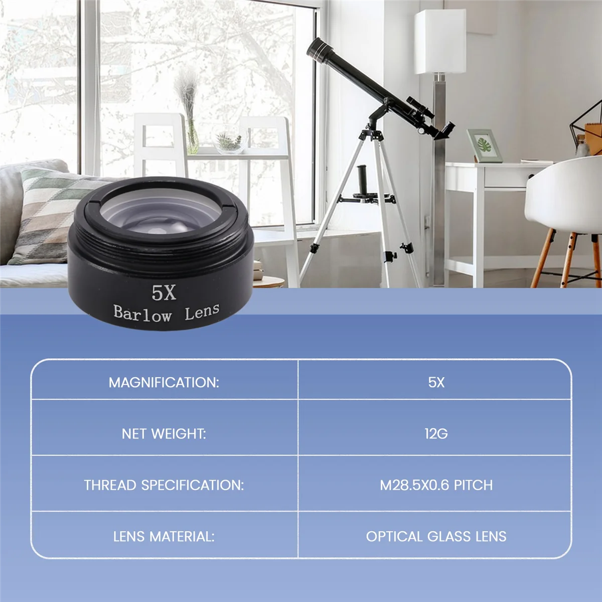 Barlow Lens 5X for Any M28X0.6 Thread 1.25inch Telescope Eyepiece Astronomy Diagonal Extender Tube or Camera Adapter Rich