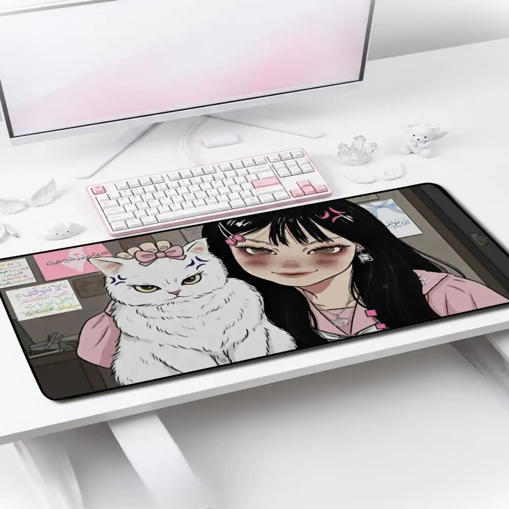 

Anime Girl with Cat Kawaii Gaming Mouse Pad Large Desk Mat Non-slip Rubber Keyboard Mat Gamer Office Computer Mousepad