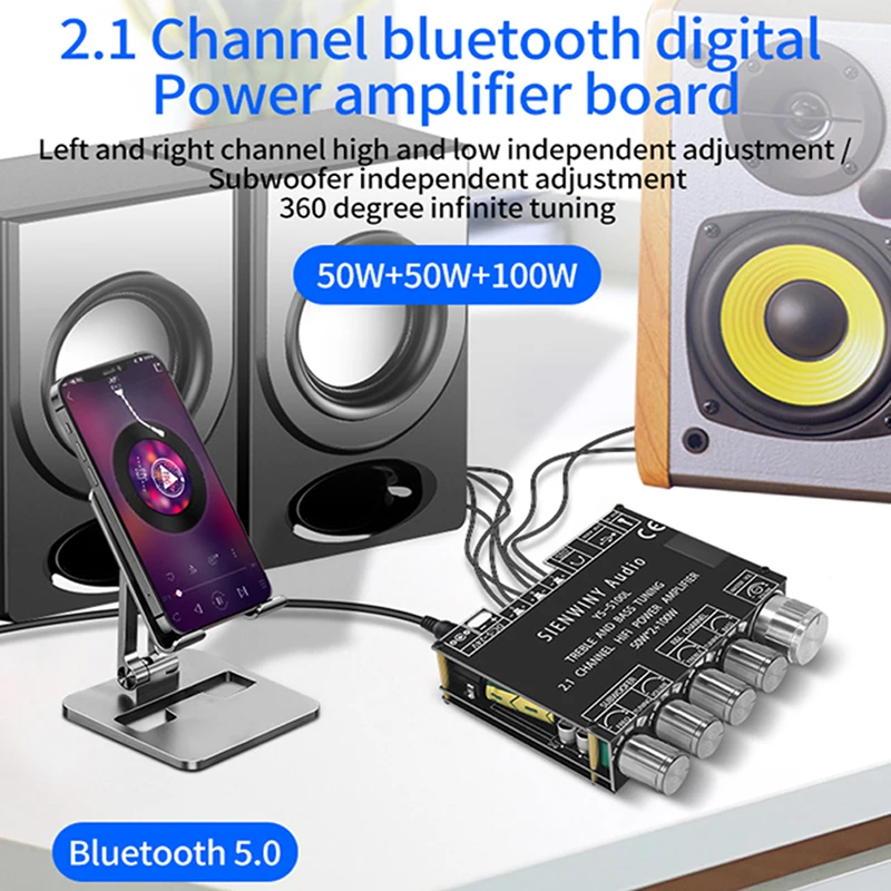 1PC Bluetooth 5.0 2.1 Channel Power Audio Amplifier Stereo Subwoofer Amplifier Board 50WX2+100W Speaker YS-S100L