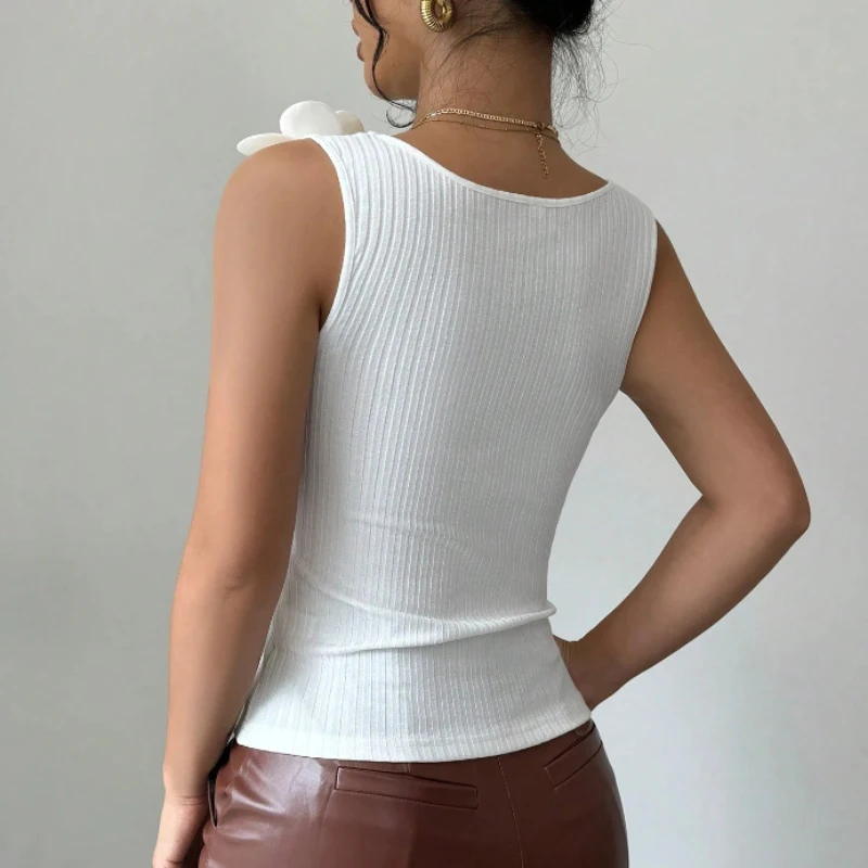 Spring Summer Casual White Flowers Decoration Camisole Fashion Knit Spaghetti Strap Vest Street Chic Sleeveless Tops Woman 2026