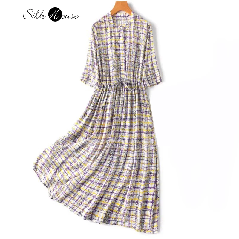 

2024 Women's Summer Fashion New 100% Natural Mulberry Silk Crepe De Chine Stand Collar Large Swing Holiday Style Printing Dress