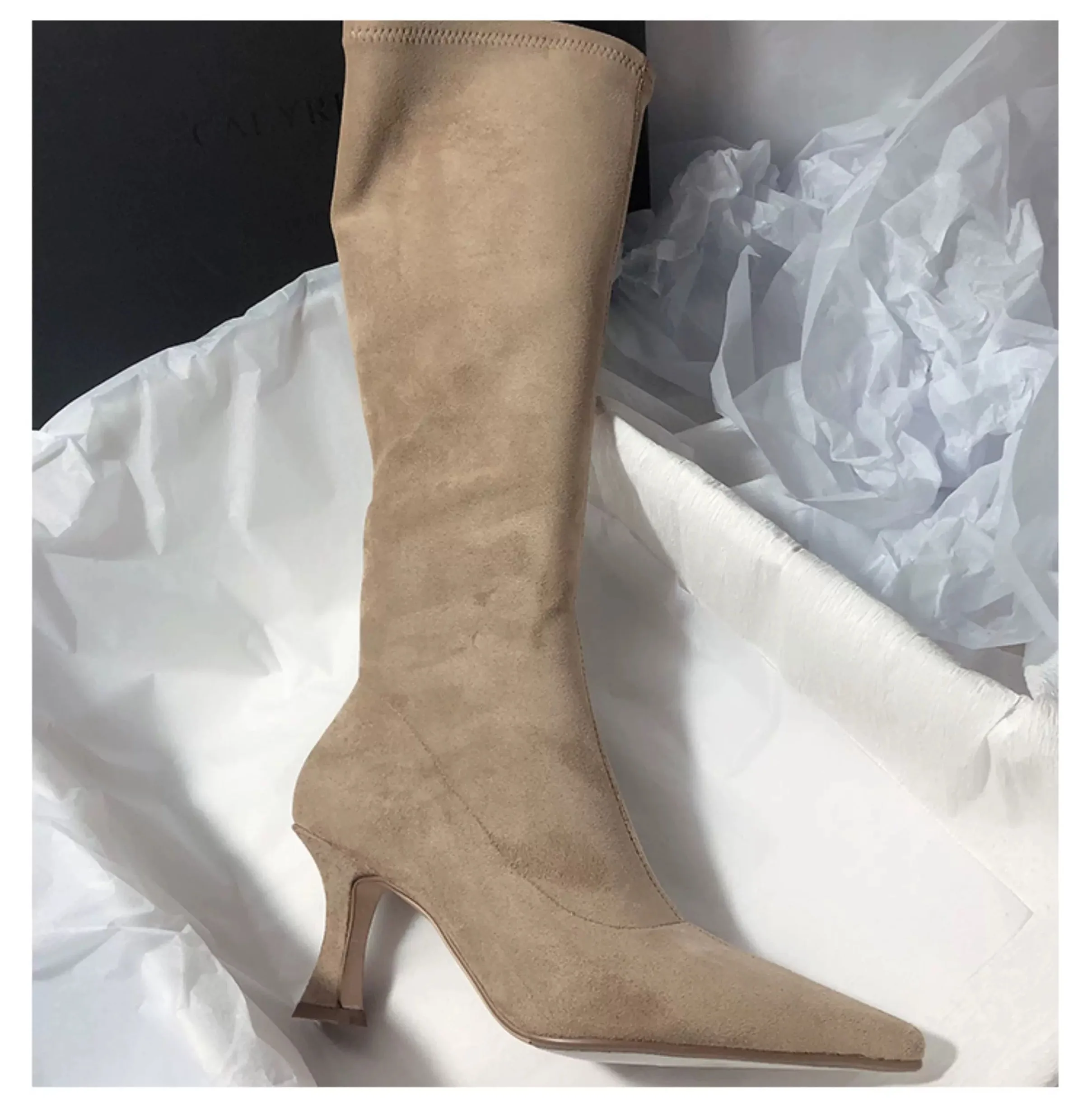 

Autumn Winter Fashion Slim Knee High Boots Women Sexy Pointed Toe Low Thin Heel Shoes Female Long Booties Zapatos De Mujer