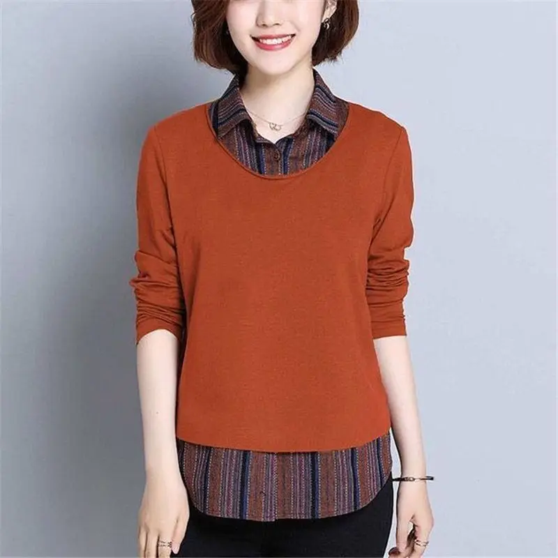 Patchwork Striped Turn-down Collar Solid Autumn Winter Thick Office Lady Elegant Pullovers Simplicity Neutral Women's Clothing