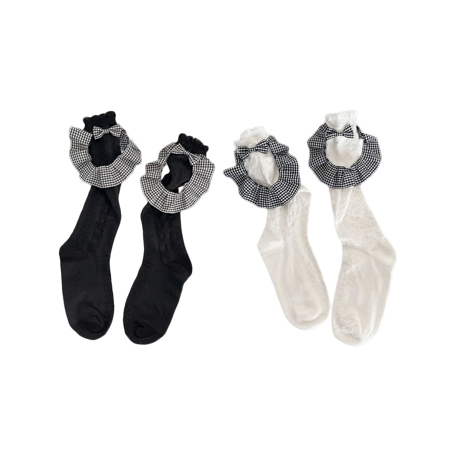 

Black and white with plaid edge bow puff top hidden flower princess socks set