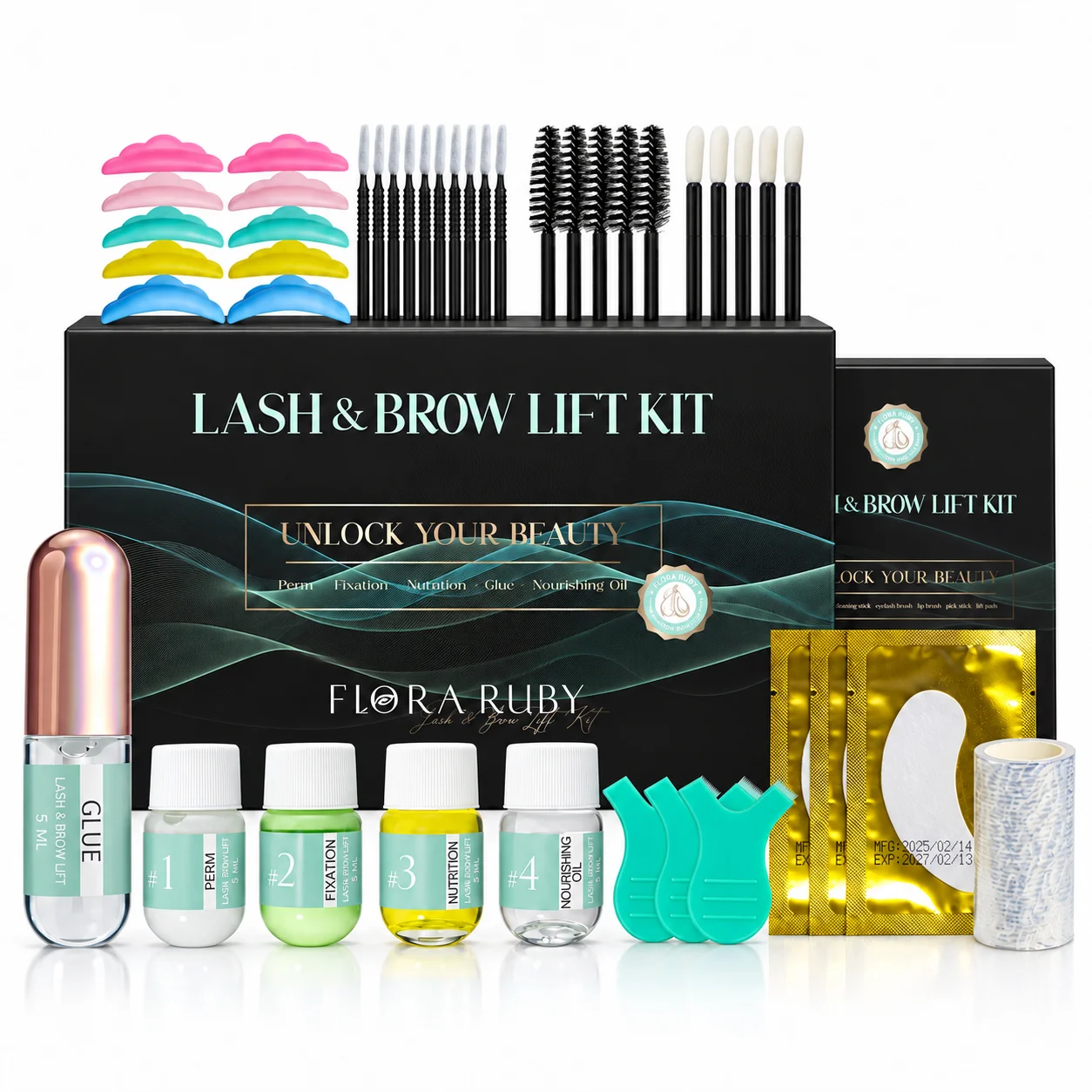 FLORA RUBY Lash Lift Kit & Brow Lamination Kit, 2 in 1 Eyelash Perm Set with Glue, 10 Silicone Pads, Brushes, 5 x 5ml Bottles