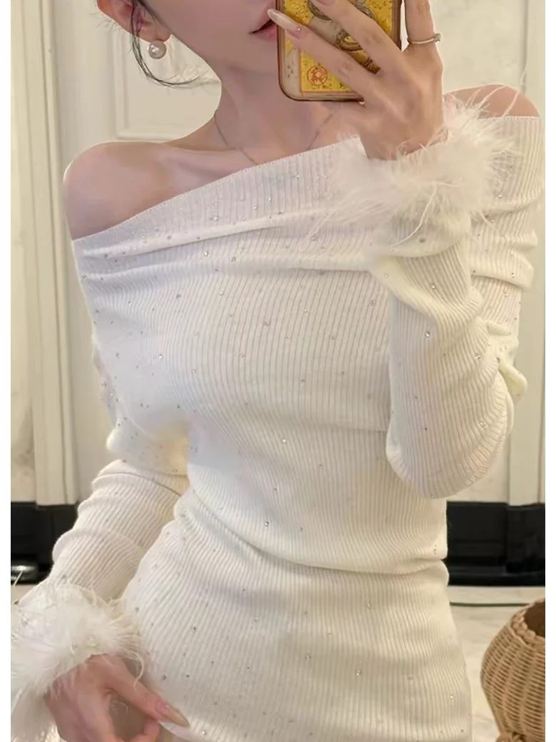 

Sparkling One-Shoulder Knitted Sweater Women's Autumn Winter Slimming Slim Fit Beautiful Furry Sleeve Top