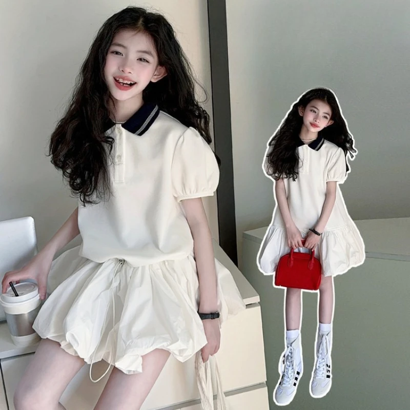 

2025 Summer New Girls Two Wear POLO Neck Drawstring Bud Skirt Princess Dress Medium Kids Dress