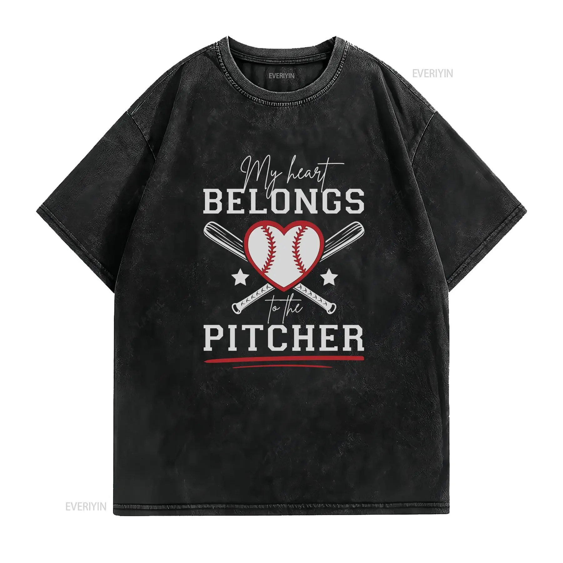 Womens Baseball T Shirt My Heart Belongs to the Pitcher Mom Girlfriend vintage Washed designer clothes Soft graphic streetwear