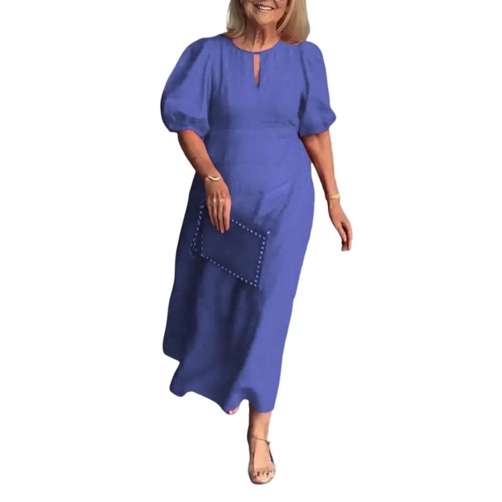 

Women Long Dress Bubble Sleeve for Solid Color Loose A-line Dress with Hollow Out Commute