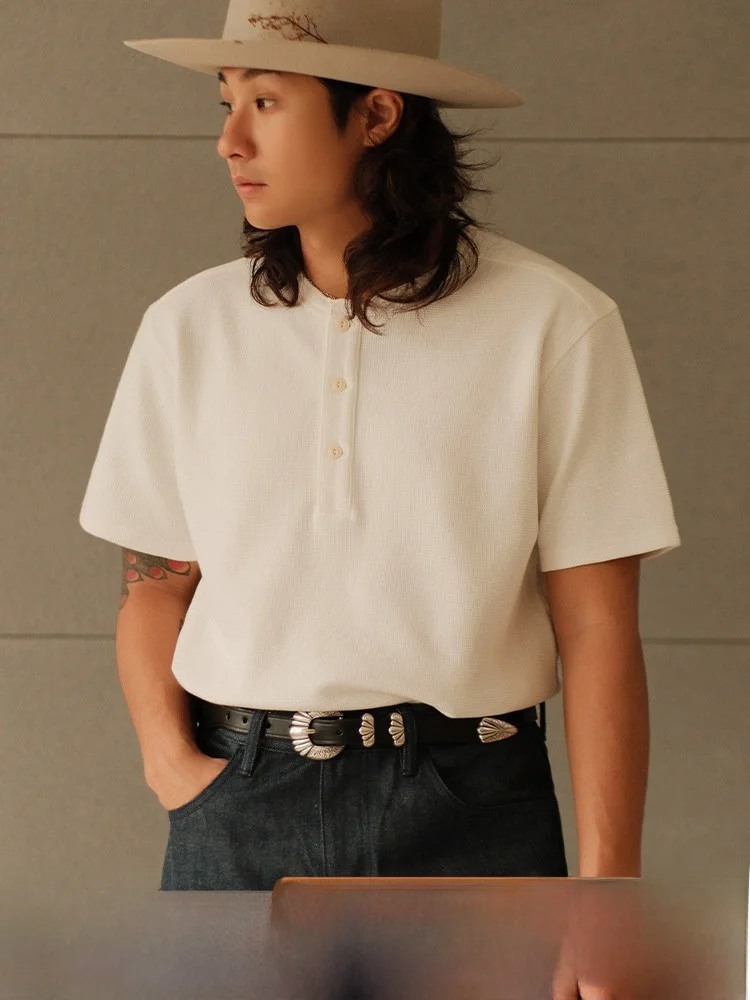 

Heavyweight Cotton ort Sve T-irt Vintage American Sle Henry Collar Waed Four Needle Six Tead MBBCAR Slim Fit