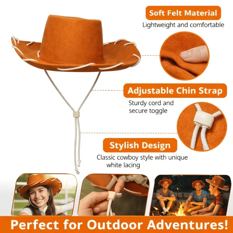 Women Western Cowboy Hat White Stitch Wide Brim Cowgirl Hat Halloween Cosplay Costume Party Dress Up Cowboy Cap with Chin Strap