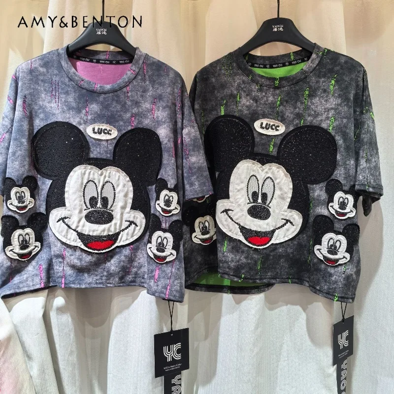 

Summer New Cartoon T-shirt European Style Loose Fit O-Neck Pullover Oversized Age-reducing Washed Short Sleeves O-neck Pullover