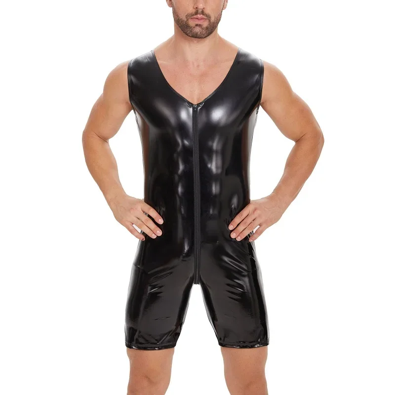 

Sexy Leather Jumpsuit Men's Lingerie Zipper Latex Bodysuit Teddy Fetish Patent Leather Leotard Gay Hot Club Pole Dancing Costume