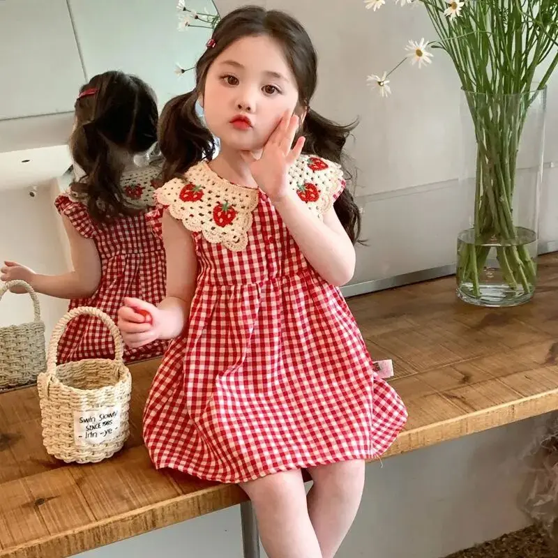 Children's Princess Dress Baby Girl Summer New Plaid Cotton Flying Sleeve Cute Female Kids' Clothing