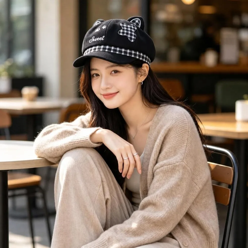 Popular Cat Ears Women's Beret Japanese Style Anime Newsboy Cap Cat Paw Pattern Sweet Baseball Cap Autumn and Winter