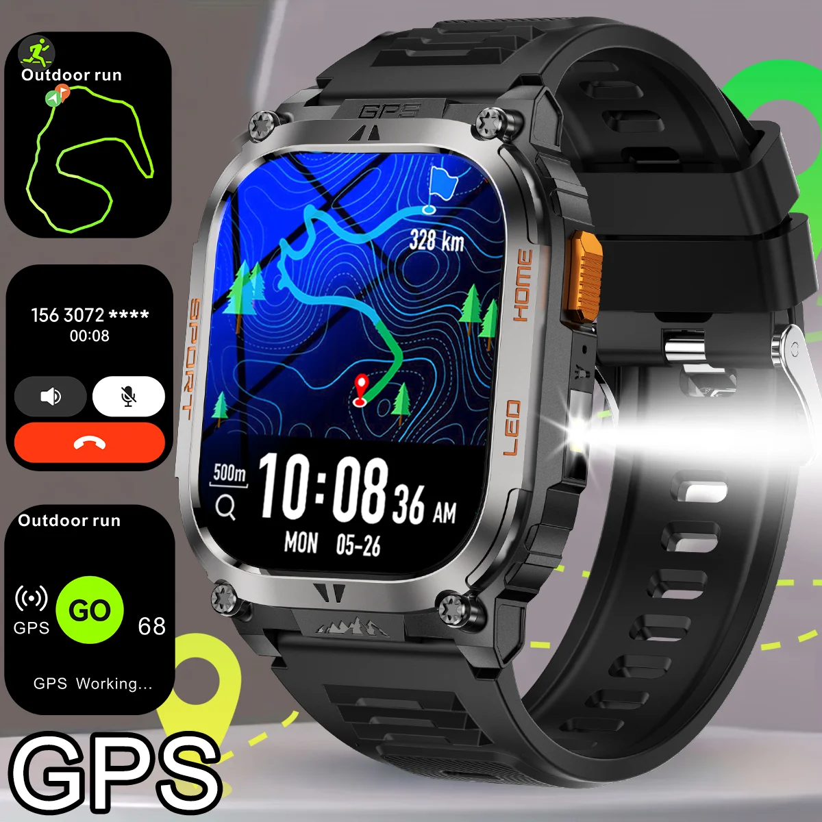 

2025New GPS Smart Watch For Xiaomi IOS Military Compass Flashlight Smartwatch Men 10ATM Waterproof 100+Sport Modes BT Call Watch