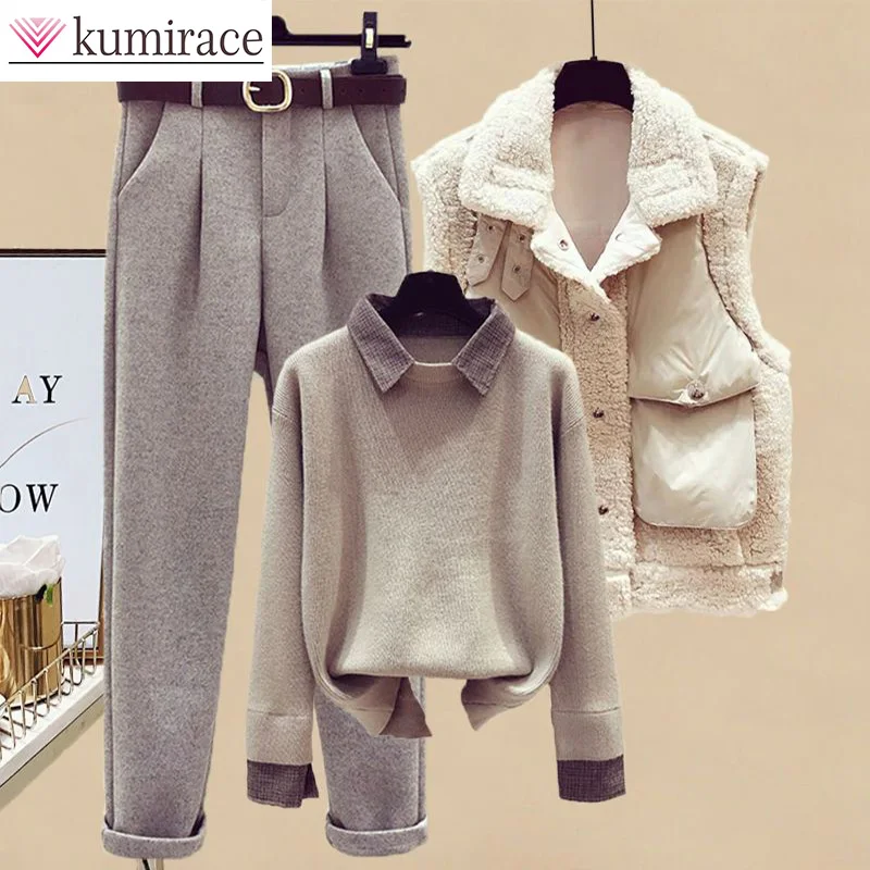 Winter Women's Set 2023 Korean Edition Fake Two Piece Sweater with Lamb Hair Vest and Thickened Wool Pants Three Piece Set Pants