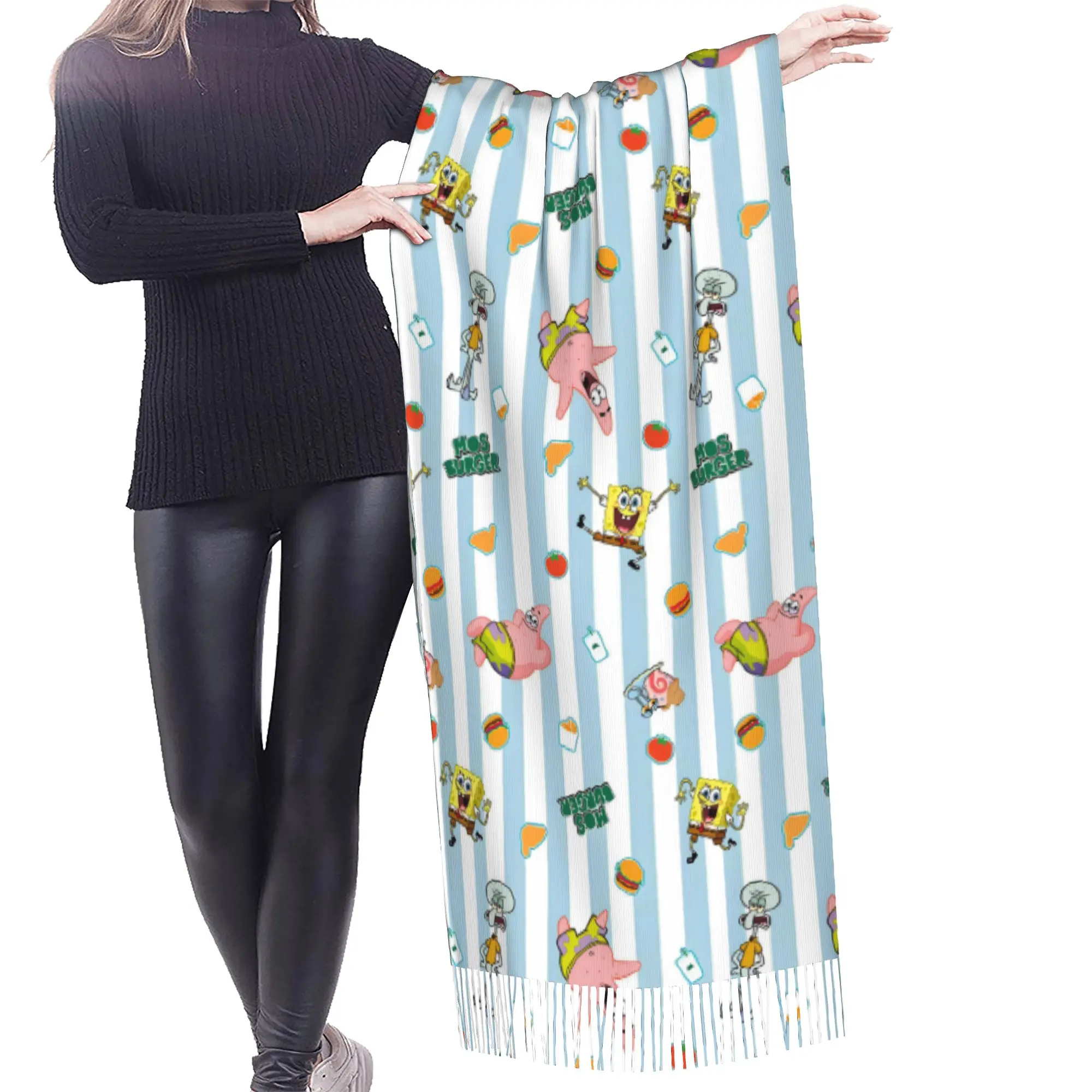 Custom S-Sponges Anime Bobes Tassel Scarf Women Soft Starfish Cartoon Shawl Wrap Female Winter Fall Scarves