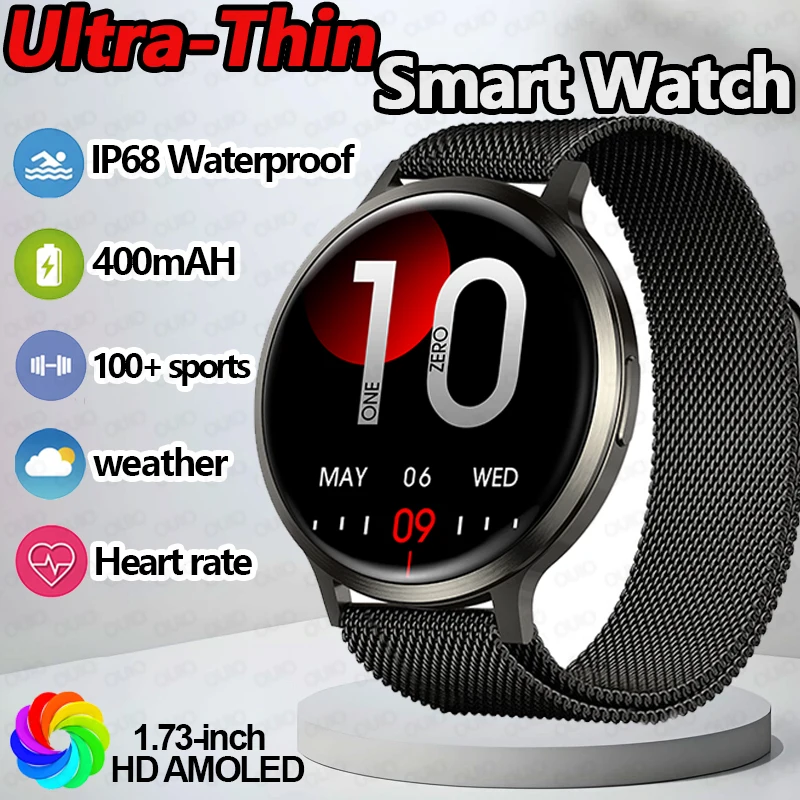 

2025 Новые ультратонкие умные часы 1,73 HD-экран 400 мАч Мониторинг сердечного ритма и кислорода в крови 100+ Спортивные мужские и женские умные часы