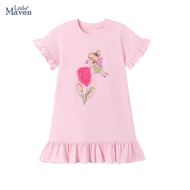 Little maven Infant Girls 2026 Summer New Dress Baby Casual Dresses Cartoon Flowers Angel Pink Dresses for Kids Clothes Cotton