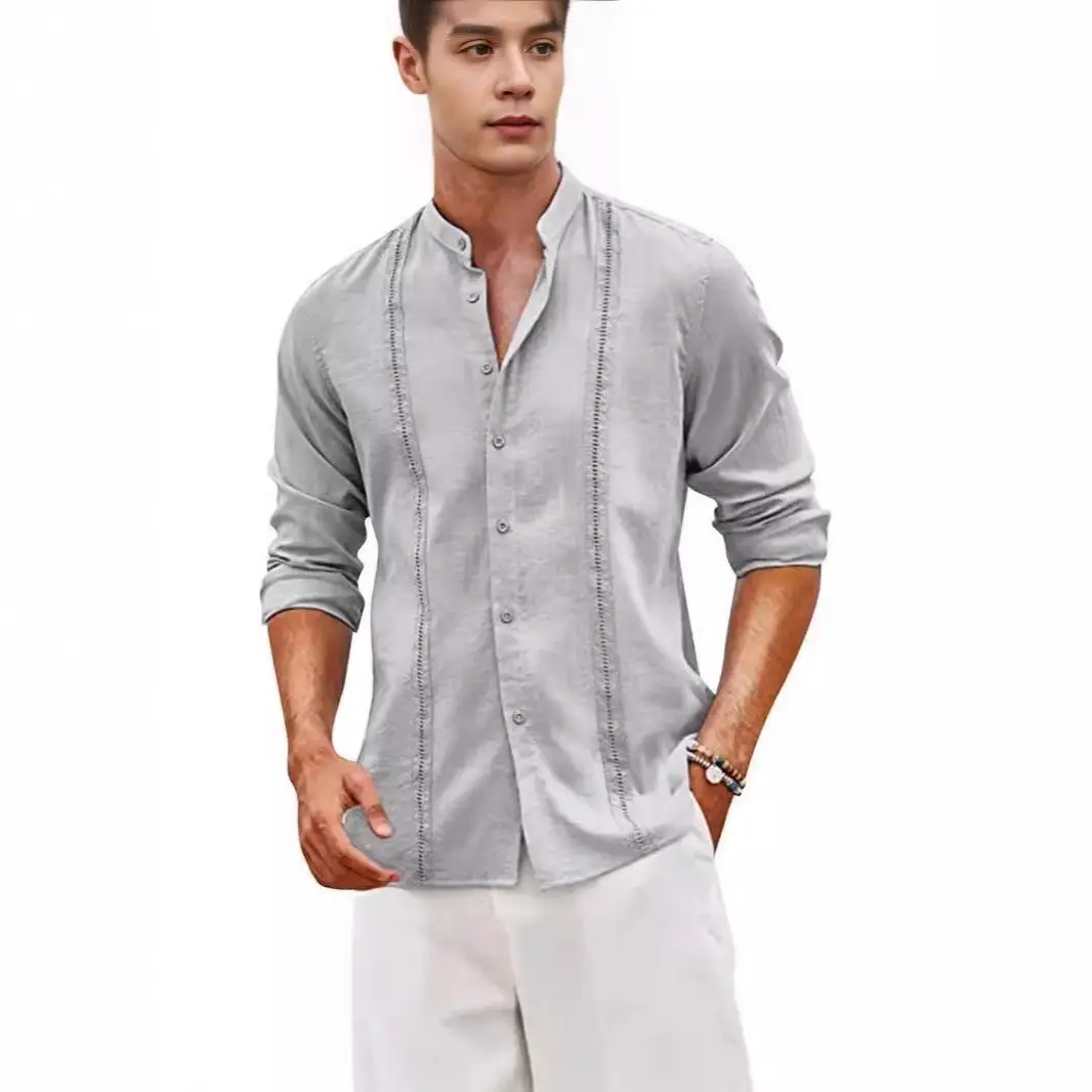 

Cotton Linen irt Stand up Collar Men's Summer Beach Sub Long Sve American Sle Casual Wear for Youth Daily Use