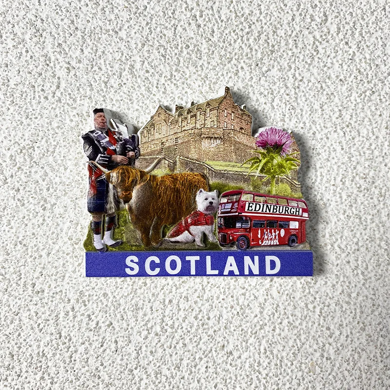 

3D Scotland Fridge Magnets - Featuring Edinburgh Castle, Highland Cow, Piper, & Bus - Cute Decorative Refrigerator Magnets