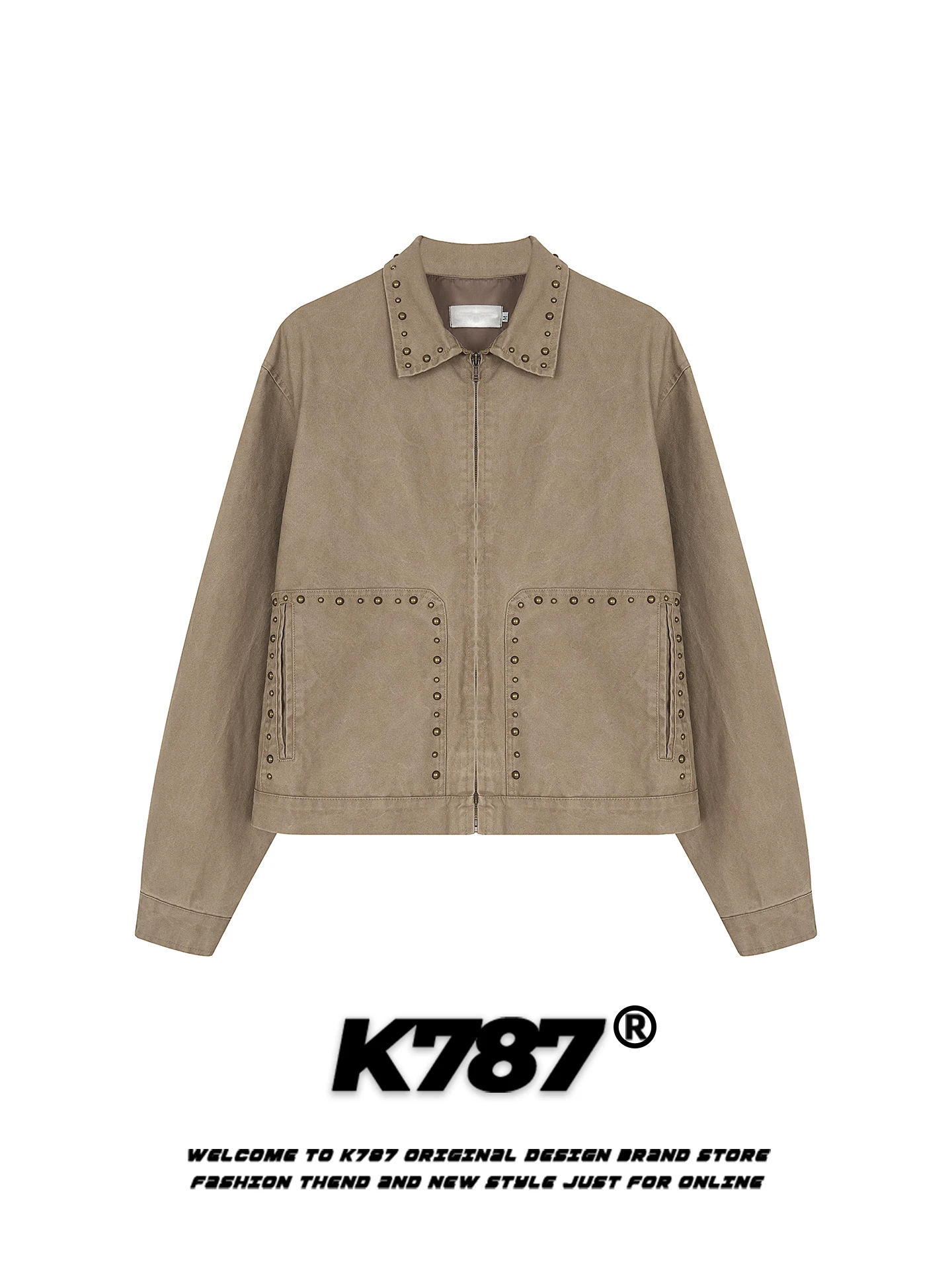 

Retro American Rivet Decoration Jaet Loose Casual Zipper ex Spring Cotton ort Sve Flip Collar Street Sle Coat