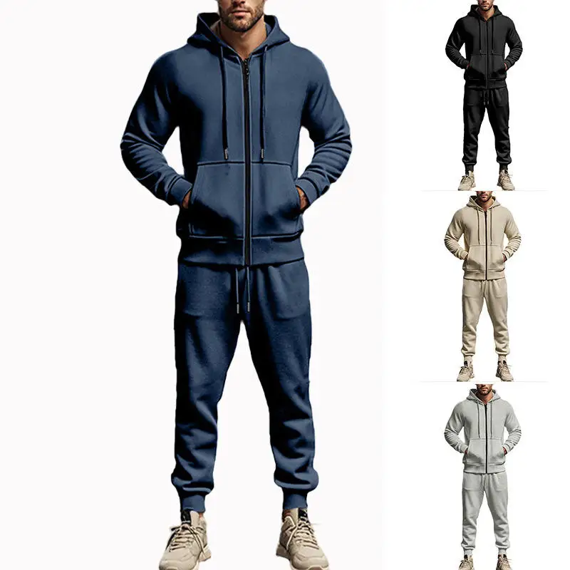 

New Men's Heavyweight Color Long Sleeve Hooded Casual Fleece Two-Piece Set Autumn Season Long Pants Other Fabrics