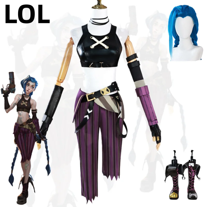 

Косплей Костюм LOL Азиатский размер Jinx Аниме Arcane Jinx Косплей наряд Хэллоуин Костюм игра парики обувь Рождество disfraz