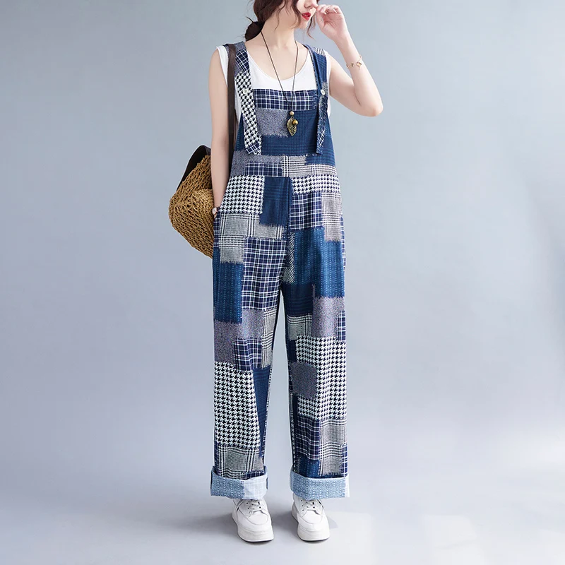 Celana Panjang Wanita Ukuran Besar Model Patchwork Kotak-kotak Kasual dari Katun Linen dengan Potongan Lebar dan Desain Menutupi Pinggul