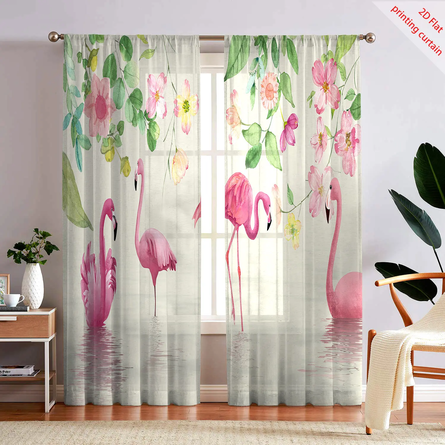 

Flamingo printed transparent gauze curtain, romantic home decoration, suitable for living rooms, bedrooms, balconies, windows