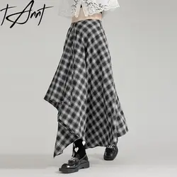 TANNT Women Skirt Asymmetry Patchwork Grid Long Skirts For Women Irregular Casual High Waist Skirt For Women 2024 New Fashion