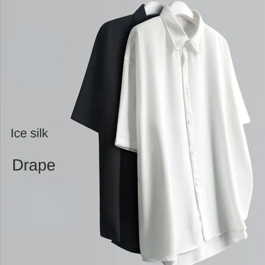 Ice Silk Short-sleeved Shirts Men\'s Non-ironing Drape Solid Color Five-quarter Sleeve Shirt Oversized All-match Loose T-shirt