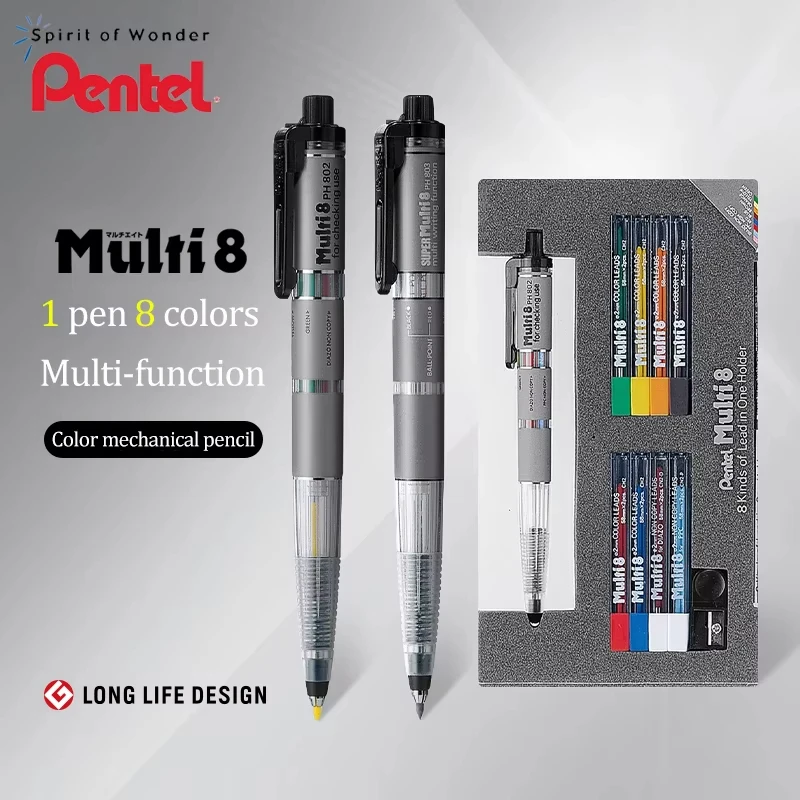 Japan Pentel Pencil Lead Holder and Lead Set, Multi 8 Set Automatic Knock Type Colered Pencils For Designer Artist on The Go