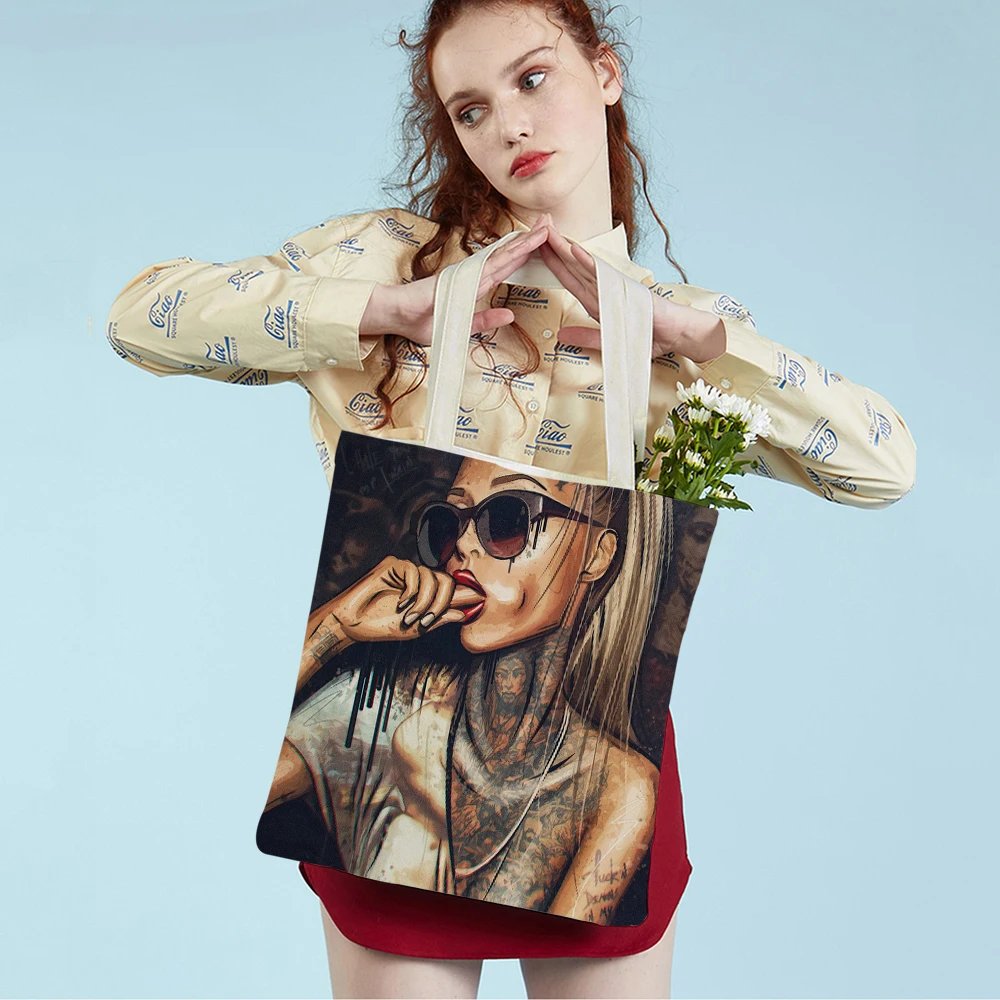 Sexy Tattoo Dark Goth Lady Travel Tote Handbag Cartoon Girl Both Sides Print Casual Canvas Women Shopping Shoulder Bag